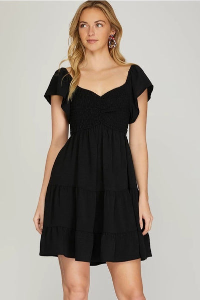 Flutter Sleeve Smocked Dress - Black
