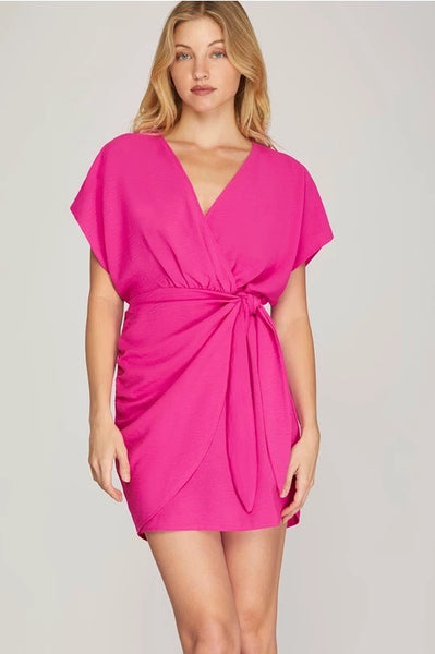 Dolman Sleeve Surplice Dress - Hot Pink