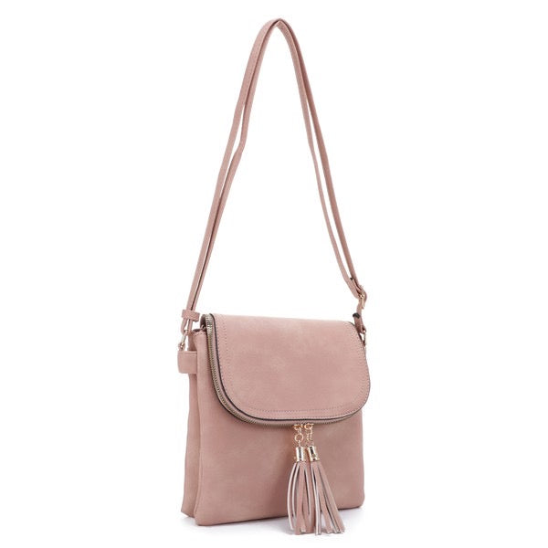 Flap-Over Crossbody bag w/ Tassles - Blush