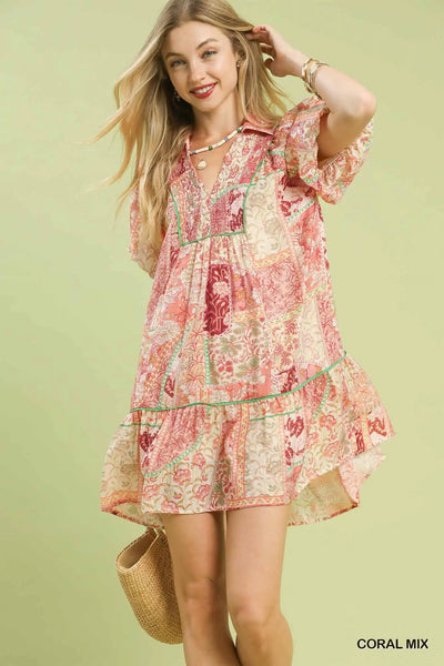 Boho Patchwork Dress - Coral Native Beach Boutique Boho Patchwork Dress - Coral Native Beach Boutique