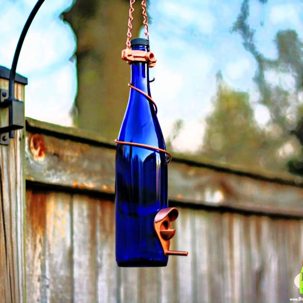 Glass Wine Bottle Bird Feeder- Cobalt