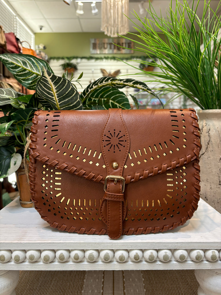 Laser Cut Whipstitch Crossbody Bag - Tan