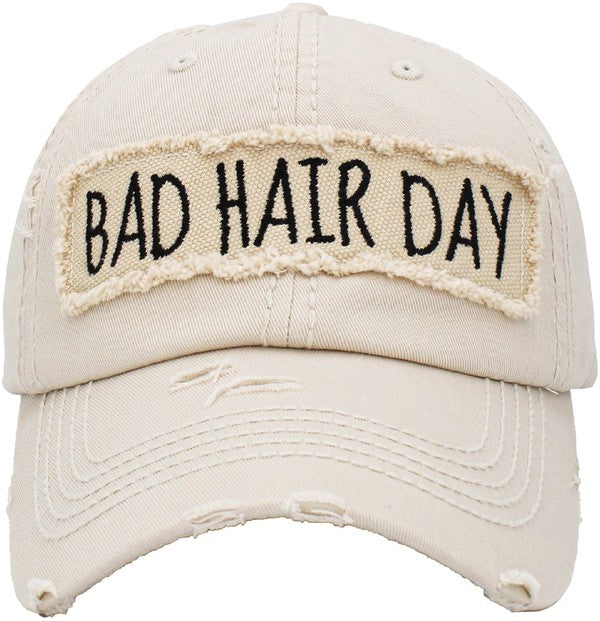 “Bad Hair Day” Distressed Ball Cap - Stone