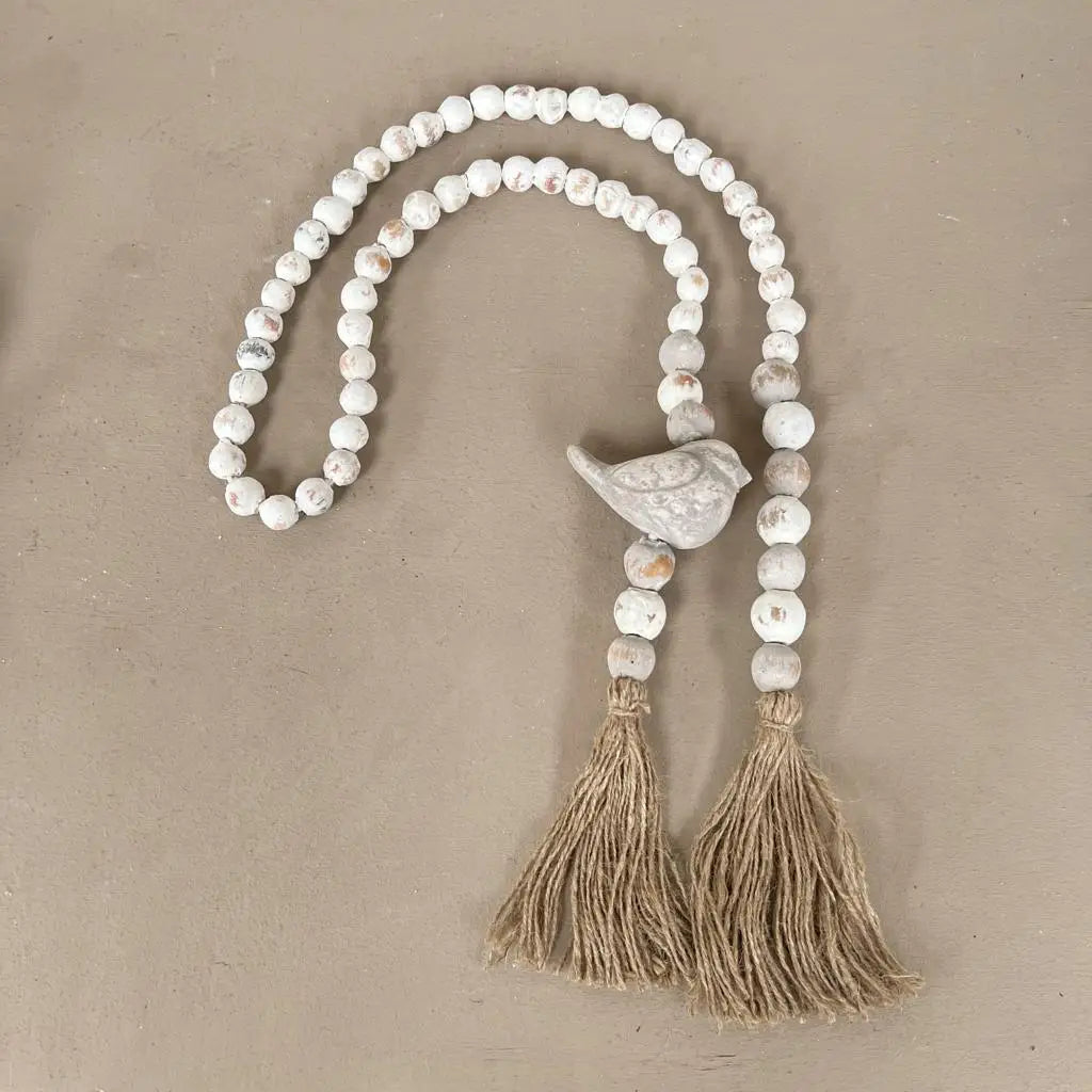Clay Beaded Garland w/ Bird and Tassels - Grey