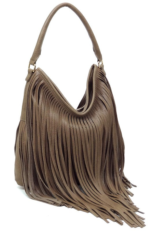 Fringed Hobo Shoulder Bag - Stone