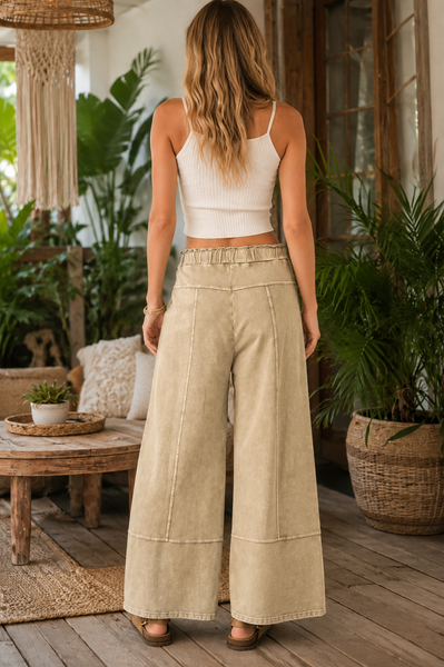 Mineral Wash Seam Detail Wide Leg Pants - Oatmeal