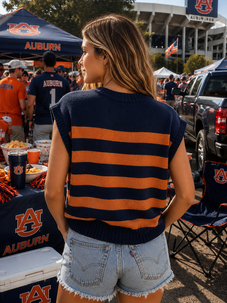 Striped Sleeveless Knit Top - Navy/Orange
