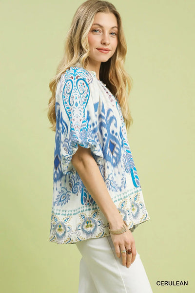 Boho Border Print Top - Blue
