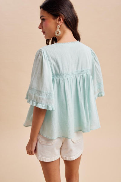 Pintuck Pleated Button Down Blouse - Mint