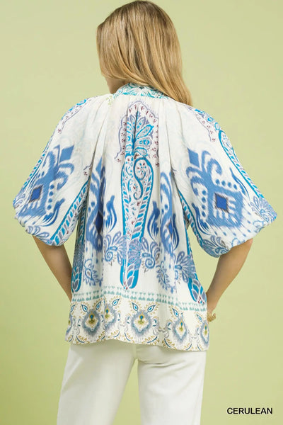 Boho Border Print Top - Blue