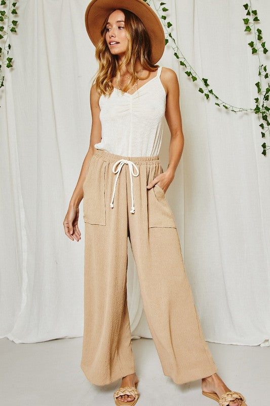 Solid Wide Leg Pants w/ Pockets - Taupe