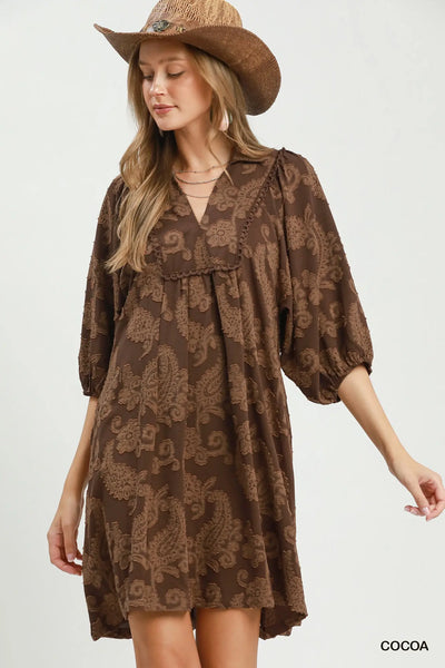 Paisley Print Puff Sleeve Babydoll Dress - Cocoa