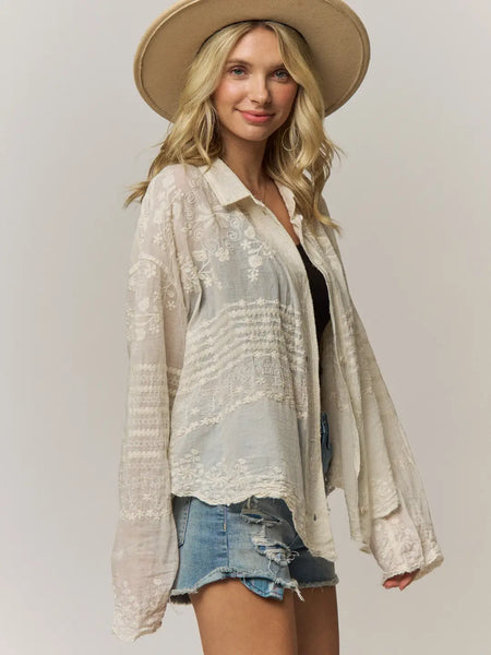 Embroidered Sheer Button Down Blouse - Beige