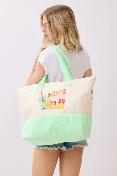 Sips About To Go Down Terry Beach Bag - Mint