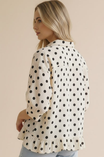 Peplum Polka Dot Print Top - Ivory/Black