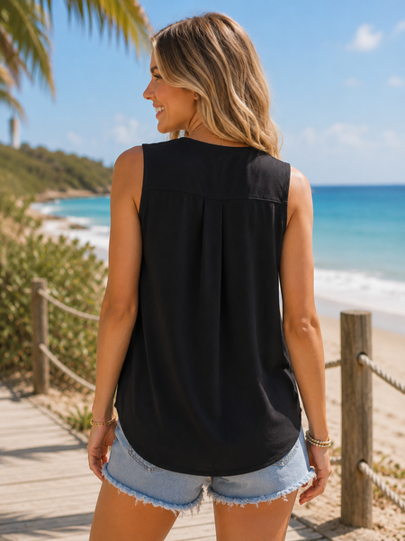 Surplice V-Neck Sleeveless Tank Top - Black