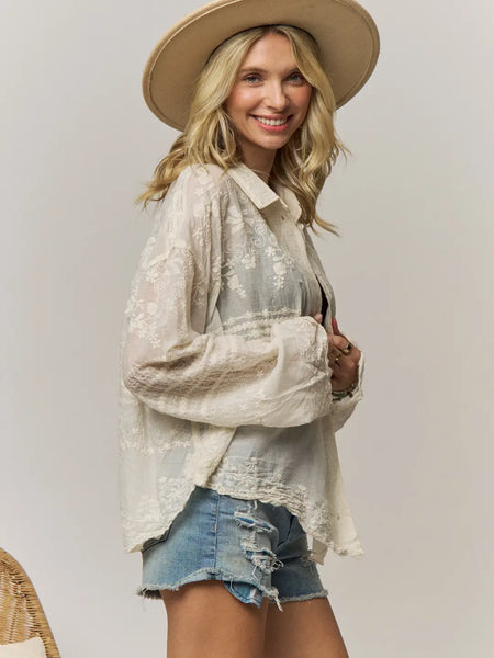 Embroidered Sheer Button Down Blouse - Beige