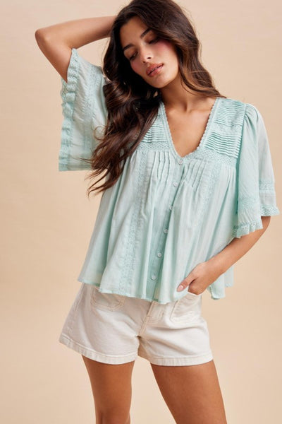 Pintuck Pleated Button Down Blouse - Mint