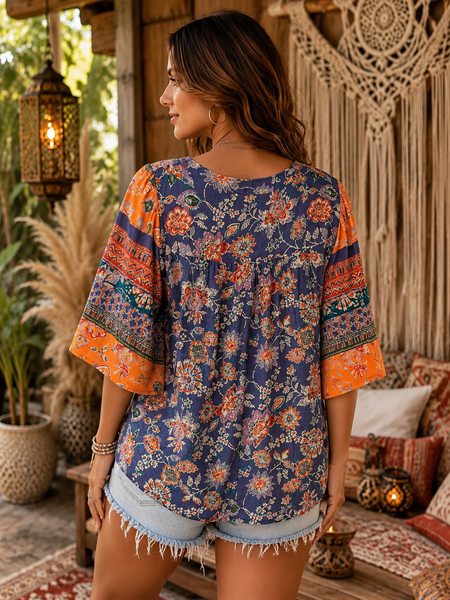Boho V-Neck Printed Blouse - Multi
