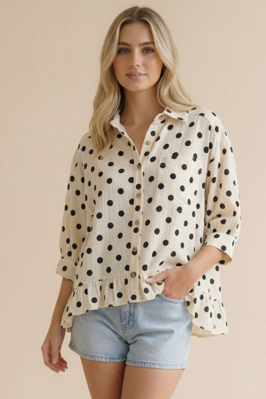 Peplum Polka Dot Print Top - Ivory/Black