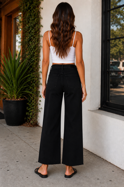 High Rise Cropped Wide Leg Jeans - Black