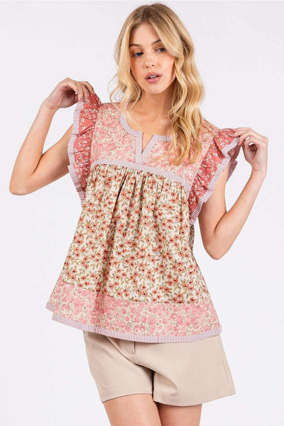 Patchwork Flower Print Ruffle Sleeve Top - Rose Pink