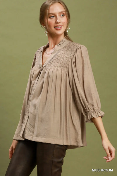 Smocked Yoke Button Front Blouse - Mushroom