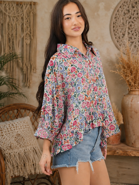 Button Front Collared Printed Floral Ruffled Top - Ivory Multi