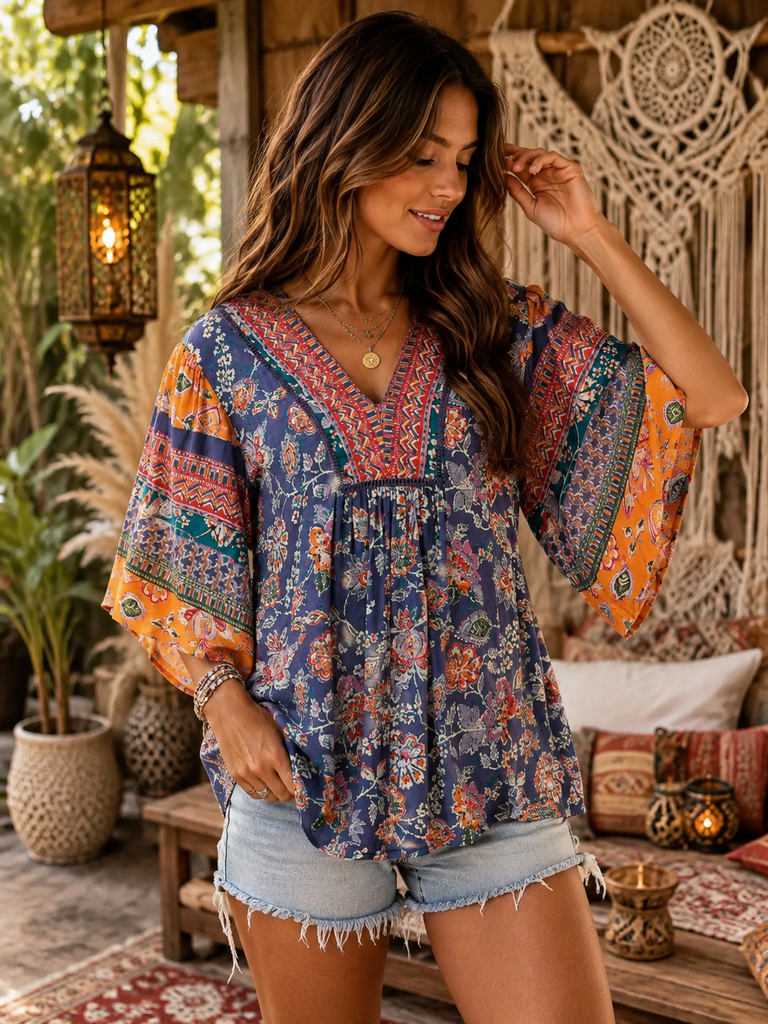 Boho V-Neck Printed Blouse - Multi