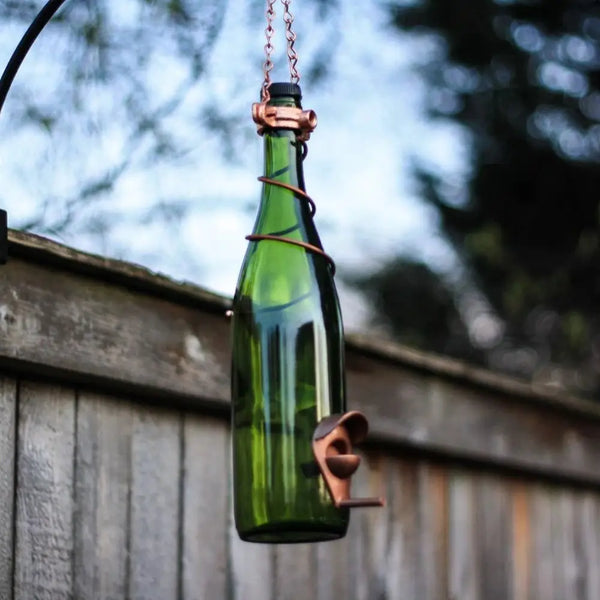 Glass Wine Bottle Bird Feeder - Green