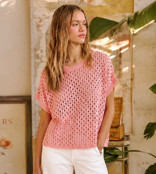 Open Knit Short Sleeve Sweater - Pink