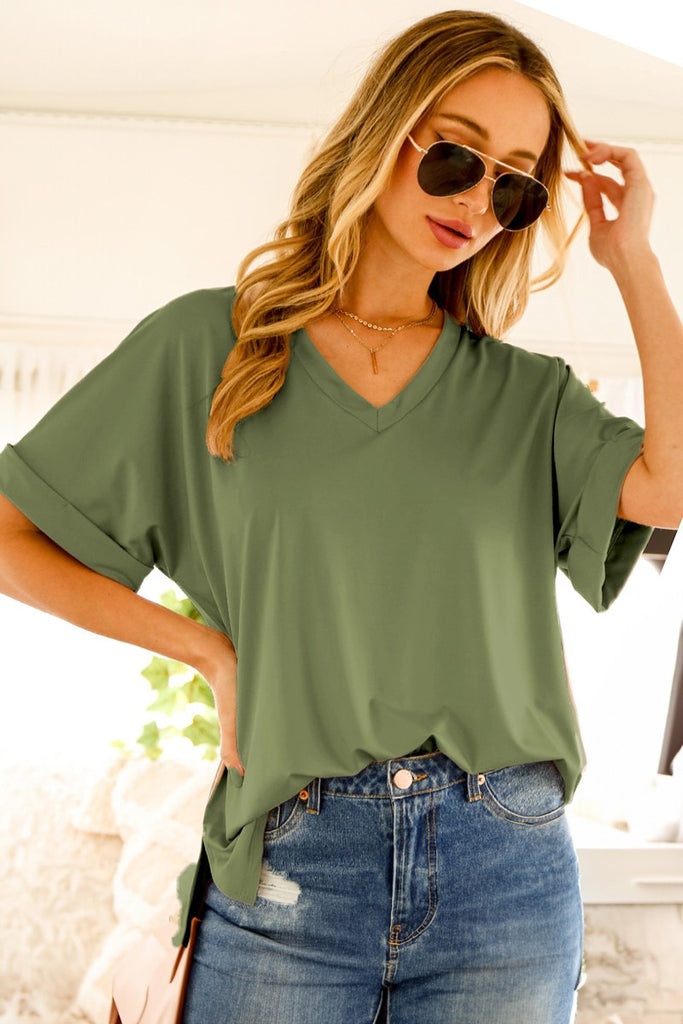 Rolled-Up Short Sleeve Top - Olive