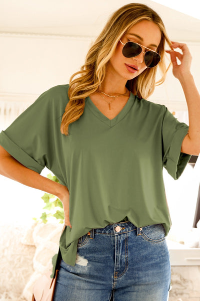 Rolled-Up Short Sleeve Top - Olive