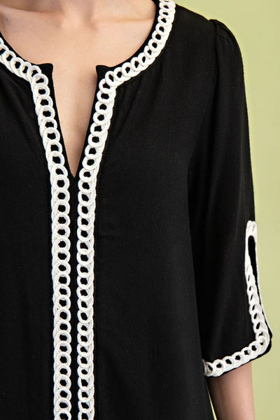 3/4 Sleeve Embroidered Top - Black