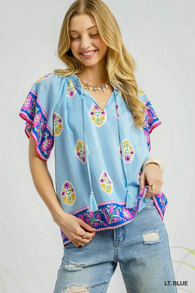 Boho Bloom Border Print Top - Blue