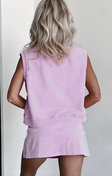 Mineral Washed Cotton Tank/Split Skirt Set - Violet
