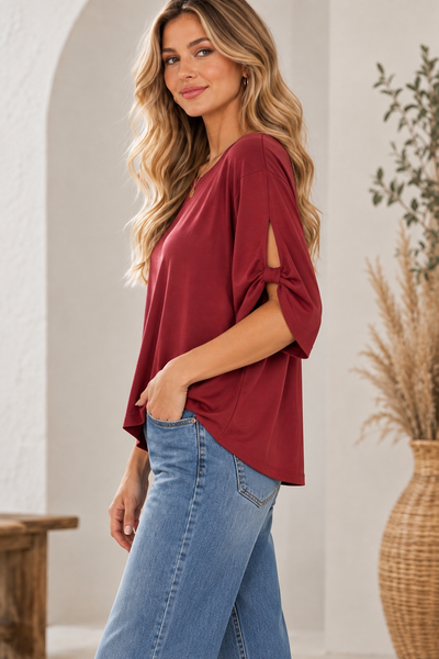 Tie Accent Casual Top - Burgundy
