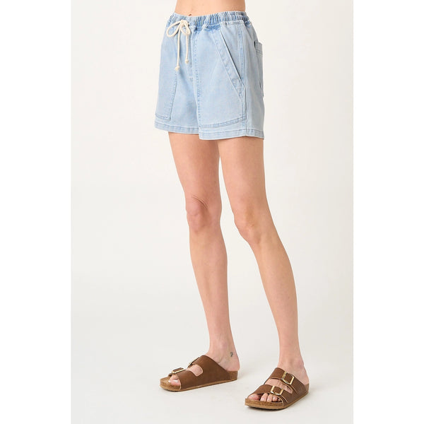 Denim Drawstring Patch Pocket Shorts - Lightwash