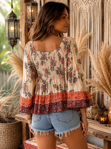 Long Flair Sleeve Top w/ Smocked Bodice - Multi