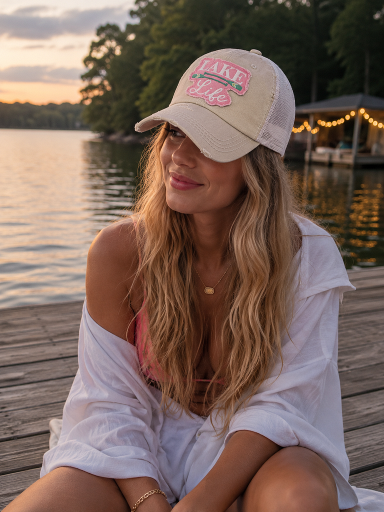 “Lake Life” Vintage Distressed Ball Cap - Stone