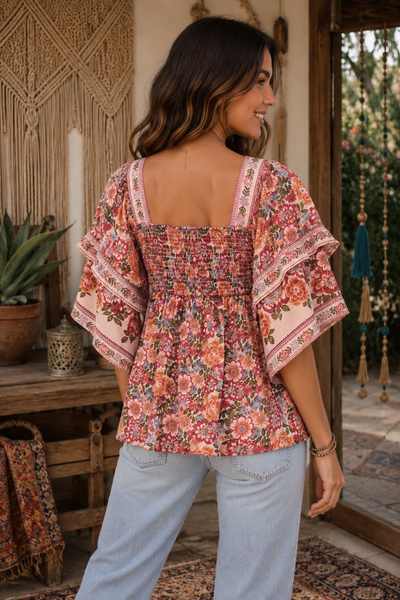 Square Neck Ruffle Sleeve Printed Blouse - Multi