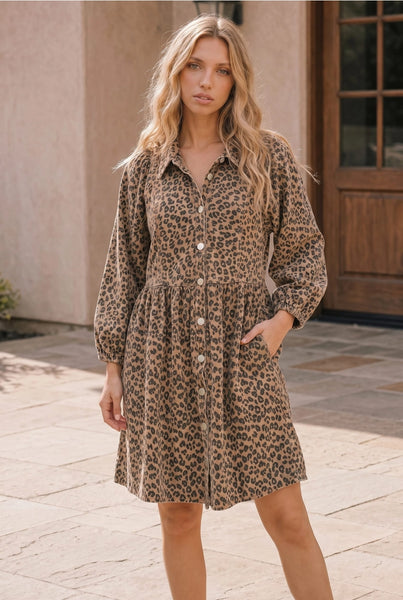Leopard Print Denim Dress - Taupe