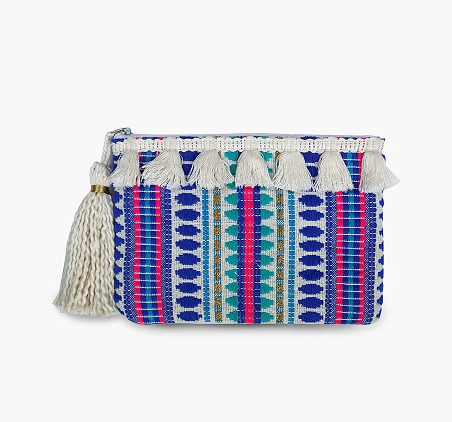 Faith Printed Cotton Pouch w/ Fringe - Blue/Purple