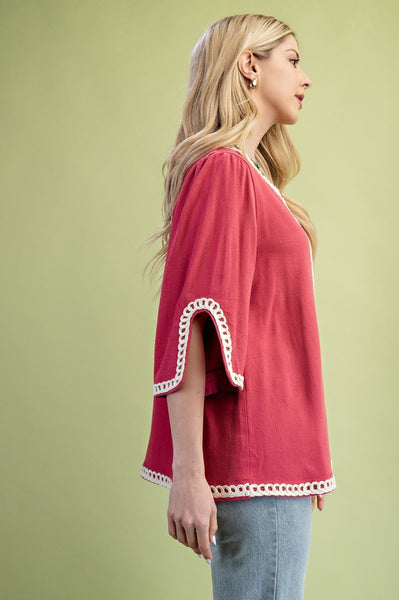 3/4 Sleeve Embroidered Top - Raspberry