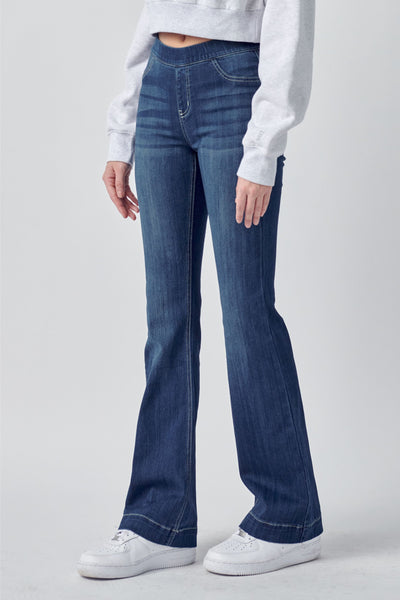 Petite Length Mid Rise Flares - Dark Wash