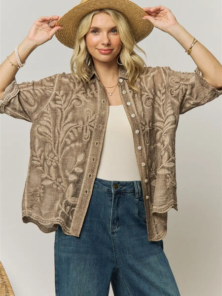 Vintage Boho Embroidered Button Down Blouse - Mocha
