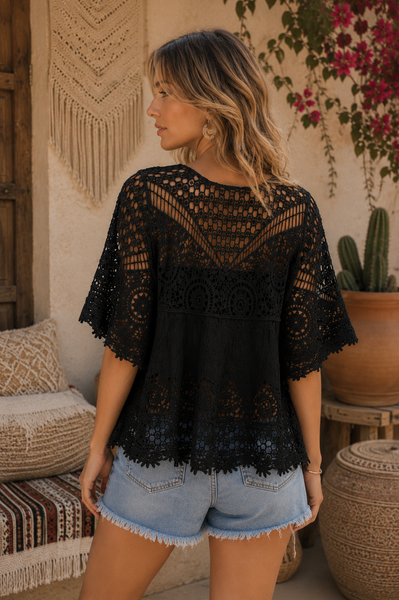 Bohemian Sheer Crochet Top - Black