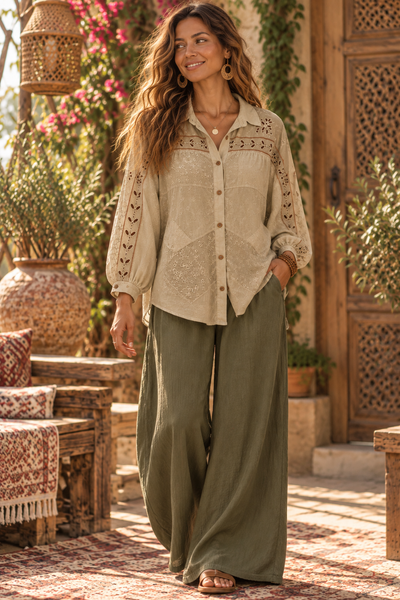 Embroidered Boho Button Down Blouse - Natural