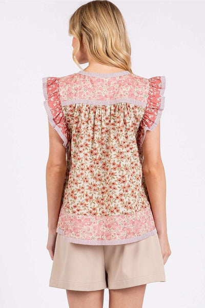 Patchwork Flower Print Ruffle Sleeve Top - Rose Pink