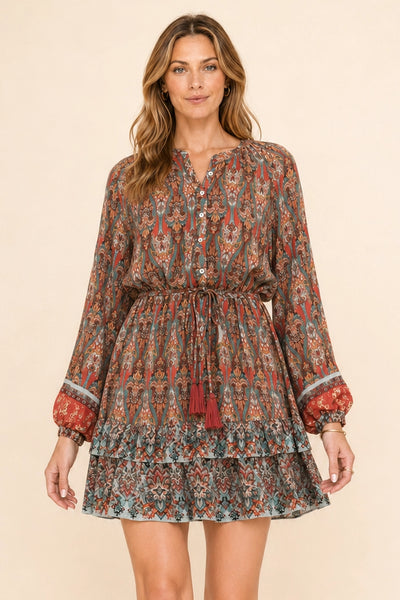 Boho Paisley Print Tiered Dress - Brick